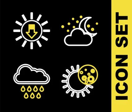 Set line Cloud with moon and stars, Eclipse of the sun, rain and Sunset icon Ilustração Stock