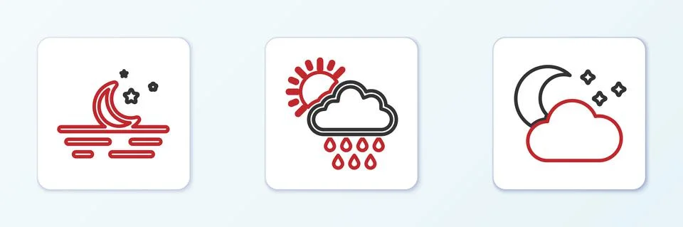 Set line Cloud with moon and stars, Moon and rain sun icon. Vector Illustrazione stock