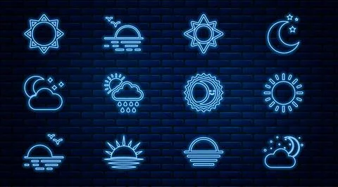 Set line Cloud with moon and stars, Sun, rain sun, Eclipse of the and Sunset Ilustração Stock