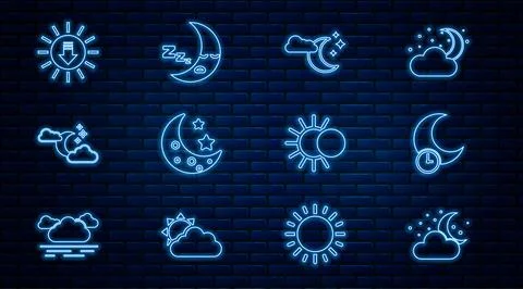 Set line Cloud with moon and stars, Sleeping, Moon, Sunset, Eclipse of the sun Ilustração Stock