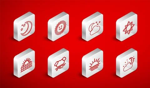 Set line Cloud with moon and stars, Sun, Sunset, Moon, and icon. Vector Illustrazione stock