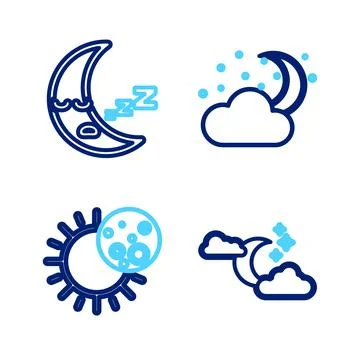 Set line Cloud with moon and stars, Eclipse of the sun,  and Moon icon icon.  Stock Illustration