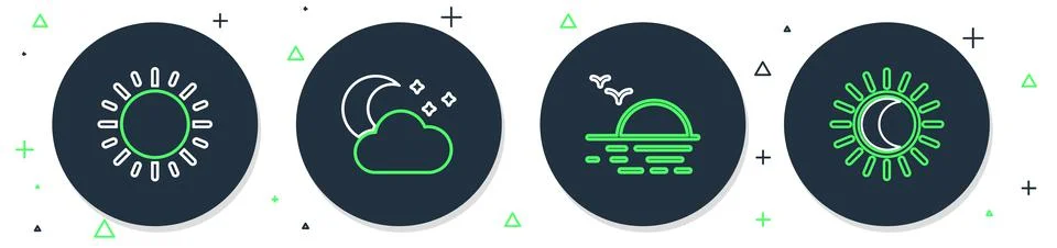Set line Cloud with moon and stars, Sunset,  and Eclipse of the sun icon. Vec Ilustração Stock