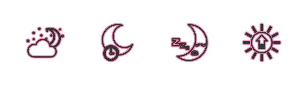 Set line Cloud with moon and stars, Moon icon, Sleeping and Sunset icon. Vector イラスト素材