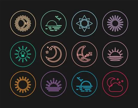 Set line Cloud with moon and stars, Sunset, Moon, Eclipse of the sun, icon and 스톡 일러스트