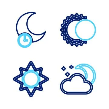 Set line Cloud with moon and stars, Sun, Eclipse of the sun and Sleeping icon Ilustração Stock