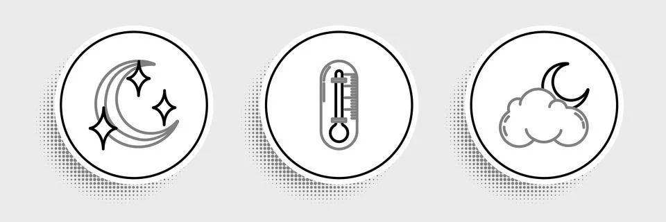Set line Cloud with moon and stars, Moon and Thermometer icon. Vector Illustrazione stock