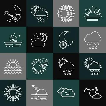 Set line Cloud with moon and stars, rain sun, Eclipse of the, Moon, icon an.. Ilustração Stock