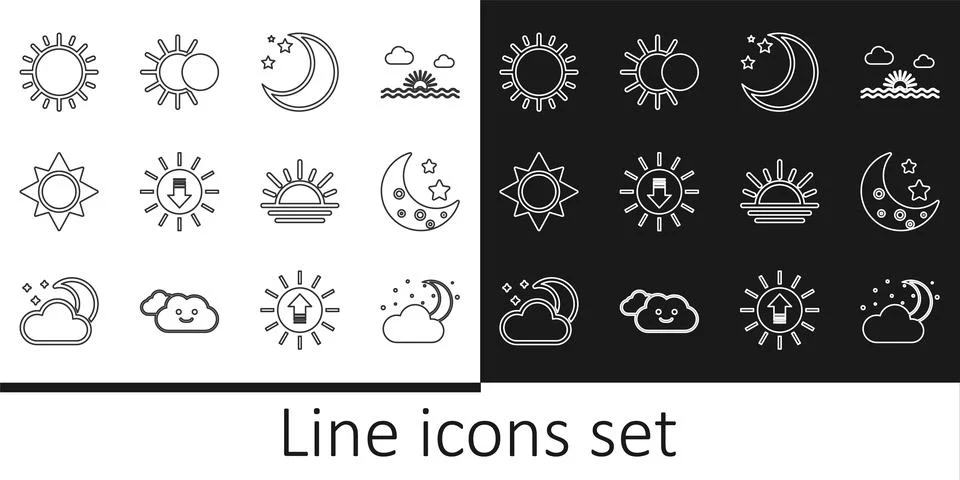 Set line Cloud with moon and stars, Moon, Sunset, and Eclipse of the sun icon 스톡 일러스트