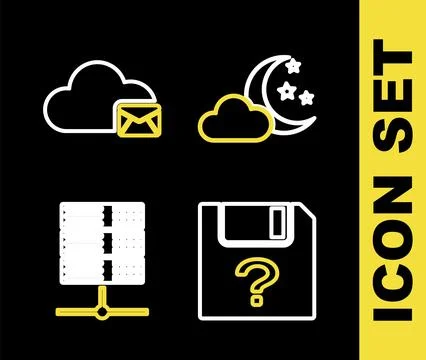 Set line Cloud with moon and stars, Unknown document, Server, Data, Web Hos.. Illustrazione stock