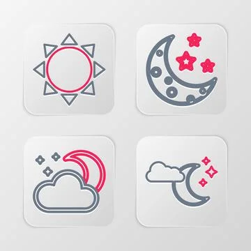 Set line Cloud with moon and stars, Moon and Sun icon. Vector Illustrazione stock