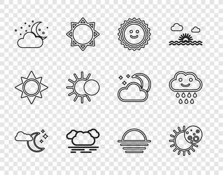 Set line Cloud with moon and stars, Eclipse of the sun, Sun, Sunset and rai.. 스톡 일러스트