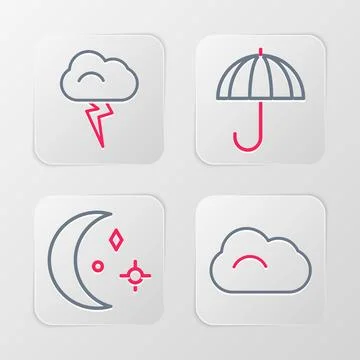 Set line Cloud, Moon and stars, Umbrella and Storm icon. Vector Illustration