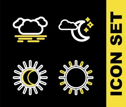 Set line Cloud with moon and stars, Sun, Eclipse of the sun and  icon. Vector Ilustração Stock