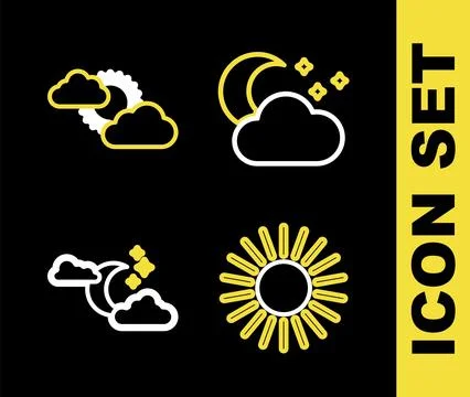 Set line Cloud with moon and stars, Sun,  and cloud weather icon. Vector Stock Illustration