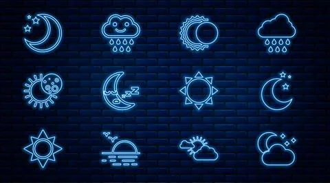 Set line Cloud with moon and stars, Moon, Eclipse of the sun, icon, Sun and.. Stock Illustration