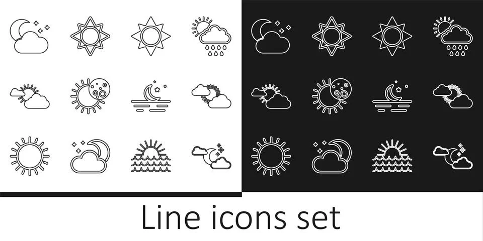 Set line Cloud with moon and stars, Sun cloud weather, Eclipse of sun, Moon.. Ilustração Stock