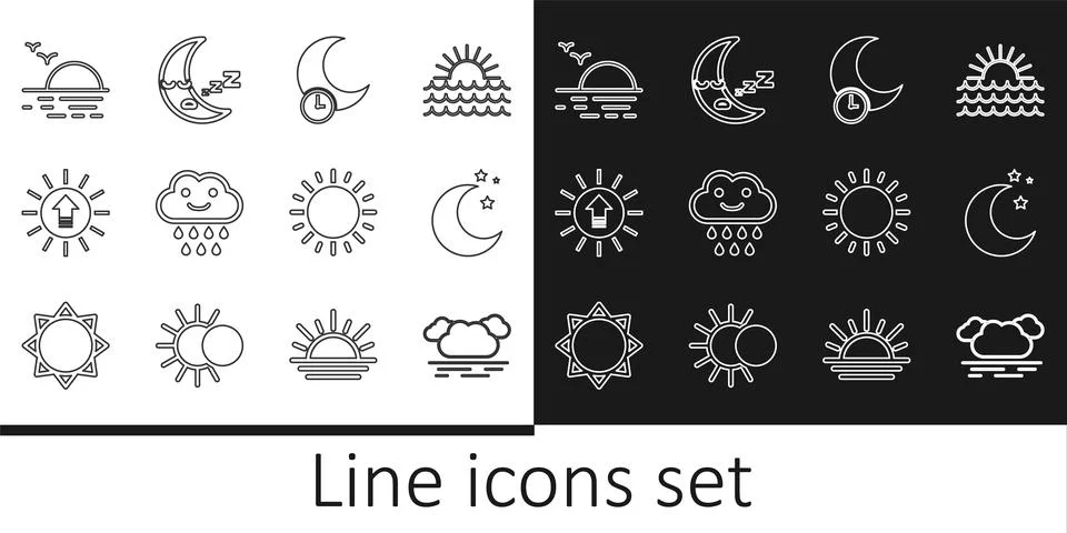 Set line Cloud, Moon and stars, Sleeping moon, with rain, Sunset,  and icon.. Stock Illustration