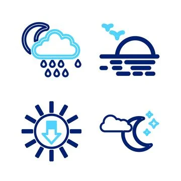 Set line Cloud with moon and stars, Sunset,  and rain icon. Vector 스톡 일러스트