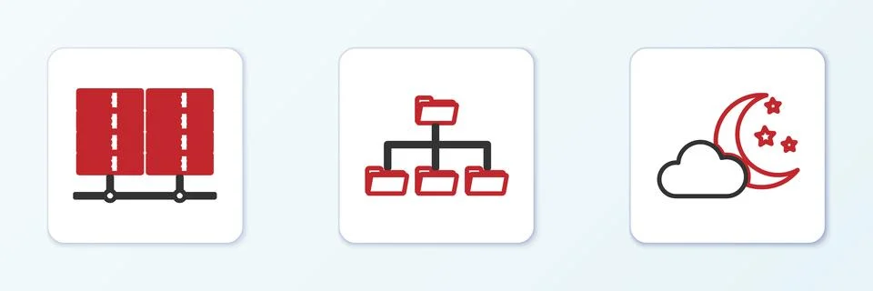 Set line Cloud with moon and stars, Server, Data, Web Hosting and Folder tr.. Illustrazione stock