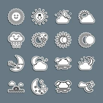 Set line Cloud with moon and stars, Eclipse of the sun, rain, Sun and  icon.. Stockillustratie
