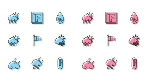 Set line Cloud with moon and stars, rain, sun, Thermometer, Cone meteorolog.. Stock-Illustration