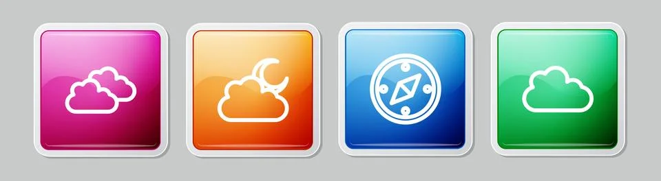 Set line Cloud, with moon, Compass and . Colorful square button. Vector Illustrazione stock