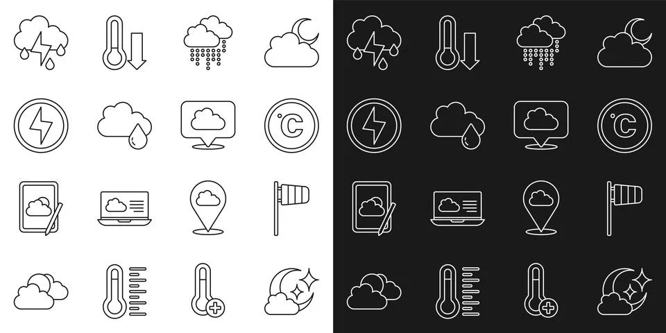 Set line Cloud with moon, Cone windsock wind vane, Celsius, rain, Lightning bolt Stock Illustration