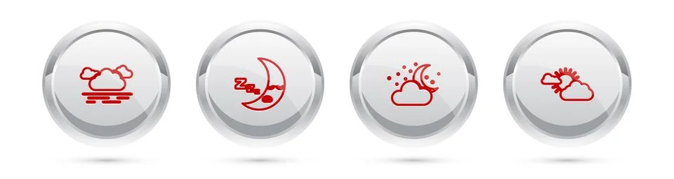 Set line Cloud, Moon icon, with moon and stars and Sun cloud weather. Silver Stock Illustration