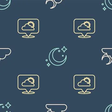 Set line Cloud with moon, Location cloud and Moon and stars on seamless pattern Stock Illustration