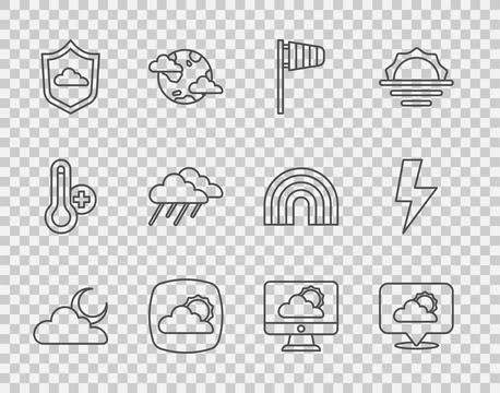 Set line Cloud with moon, Location cloud, Cone windsock wind vane, Weather .. Stock Illustration