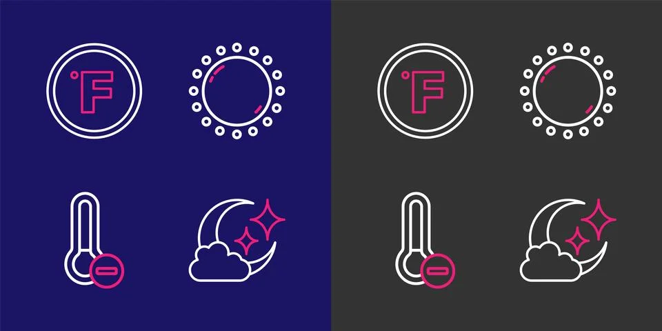 Set line Cloud with moon, Meteorology thermometer, Sun and Fahrenheit icon... Stock Illustration