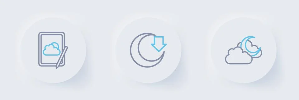 Set line Cloud with moon, Moon and Weather forecast icon. Vector Illustrazione stock