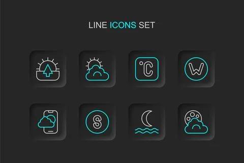 Set line Cloud with moon, Night fog or smoke, Compass south, Weather foreca.. Stock Illustration