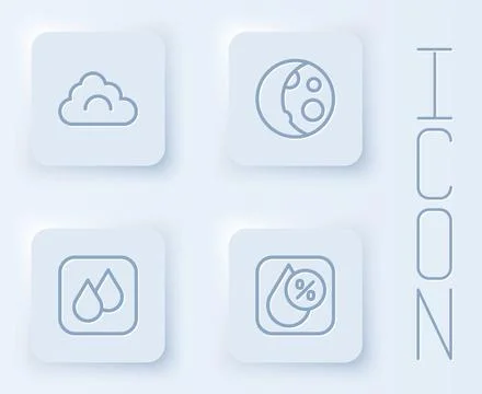 Set line Cloud, Moon phases, Water drop and percentage. White square button.  Illustrazione stock