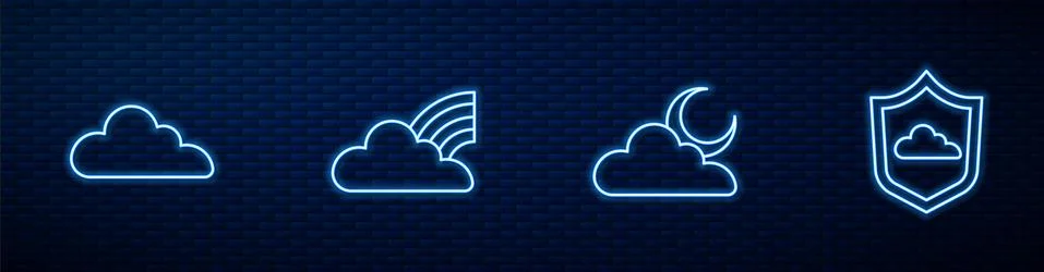 Set line Cloud with moon, , Rainbow clouds and Weather forecast. Glowing neon Illustrazione stock