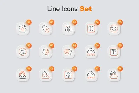 Set line Cloud with moon, snow, Lightning bolt, Sun and cloud weather, Rain.. Ilustração Stock