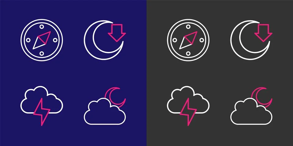 Set line Cloud with moon, Storm, Moon and Compass icon. Vector Illustrazione stock