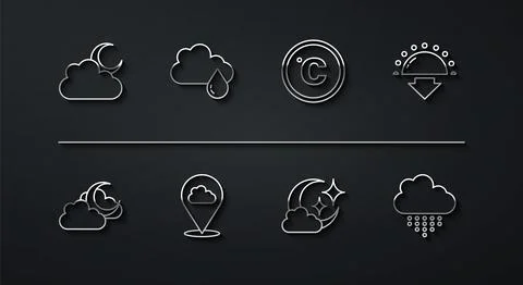 Set line Cloud with moon, Sunset, Location cloud, rain,  and Celsius icon. Ve Stock Illustration
