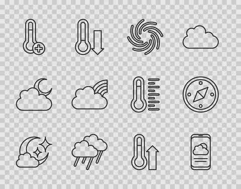 Set line Cloud with moon, Weather forecast, Tornado, rain, Meteorology Stock Illustration