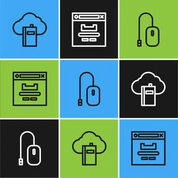 Set line Cloud or online library, Computer mouse and Browser window icon. Vector Illustrazione stock
