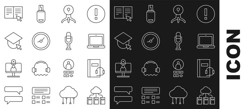 Set line Cloud or online library, Audio book, Laptop, Web camera, Clock Stock Illustration