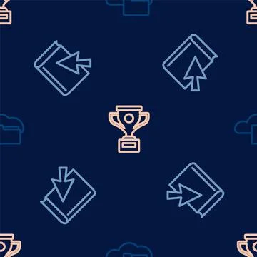 Set line Cloud or online library, Online book and Award cup on seamless pattern Stock Illustration
