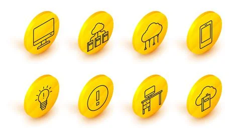 Set line Cloud or online library, Computer monitor and desk, Information, Lig Illustrazione stock