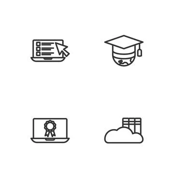 Set line Cloud or online library, Online education with diploma, quiz, test,  イラスト素材