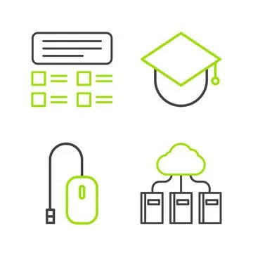 Set line Cloud or online library, Computer mouse, Graduation cap globe and On Stock Illustration