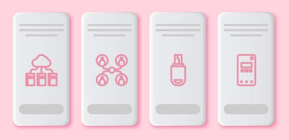 Set line Cloud or online library, Online class, USB flash drive and Mobile phone Illustrazione stock