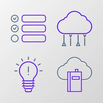 Set line Cloud or online library, Light bulb with concept of idea, Network cloud Stock Illustration