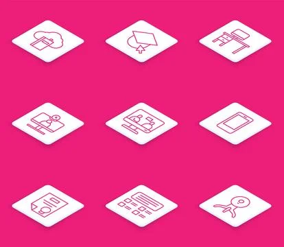 Set line Cloud or online library, Graduation cap globe, Computer monitor and イラスト素材