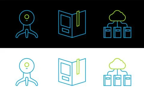 Set line Cloud or online library, Web camera and Open book icon. Vector Stock Illustration